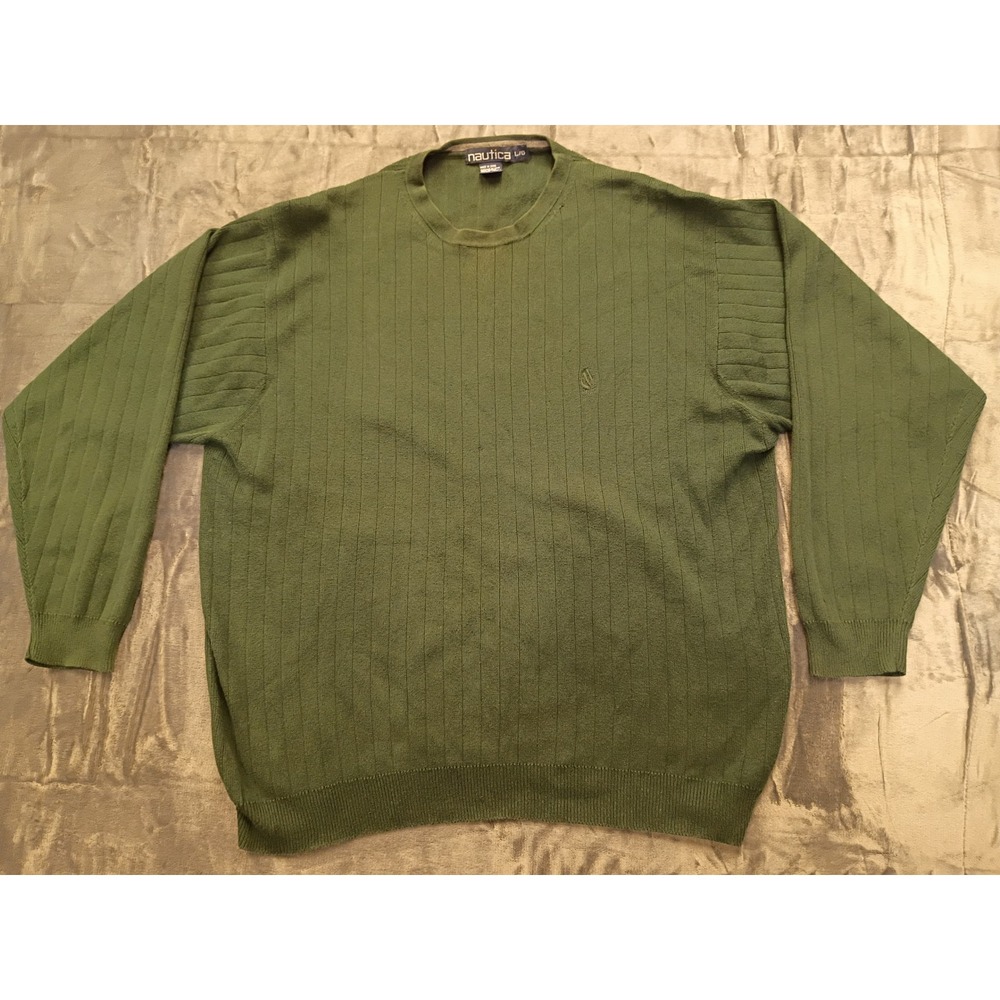 Nautica Mens Green Ribbed Crewneck Sweater Large Cotton Nautical Logo